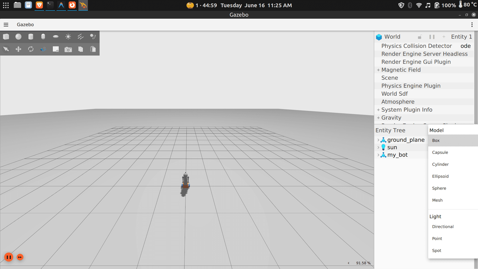 Gazebo UI overview — showing the 3D viewport, Insert panel on the left, and toolbar at the top