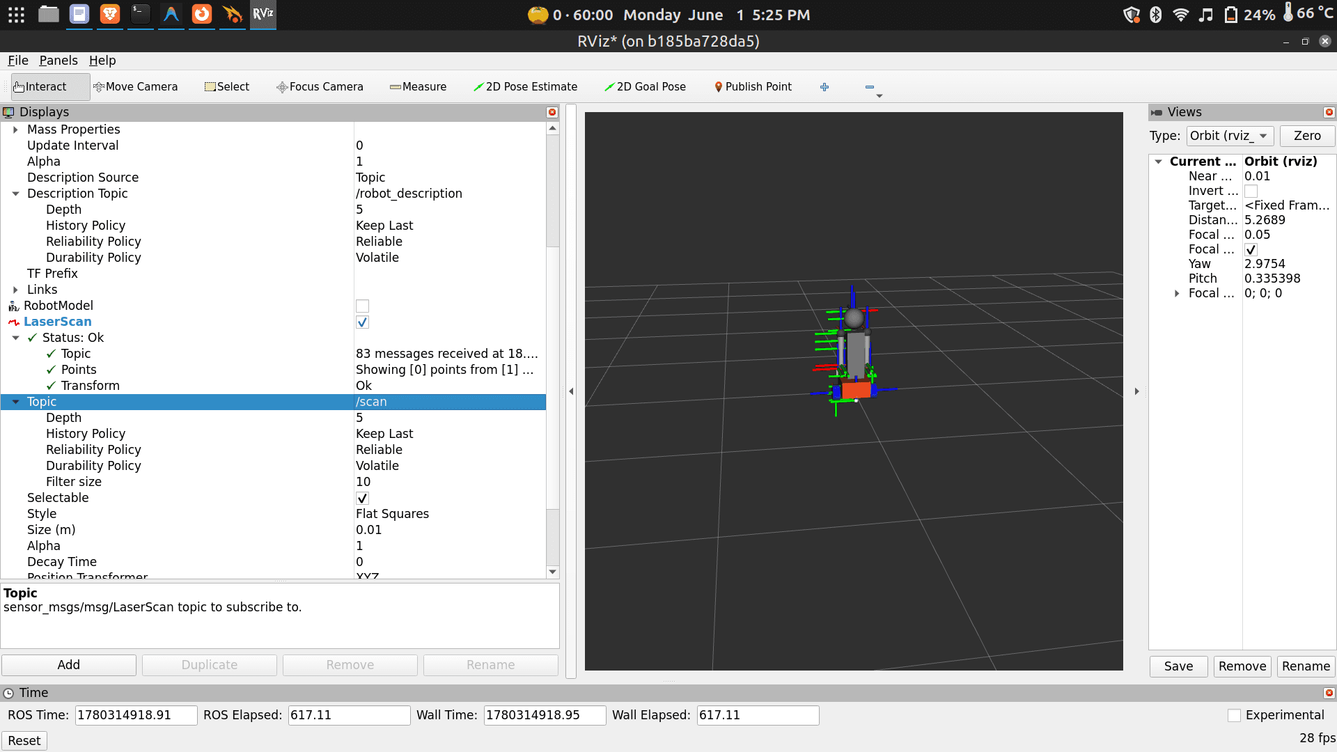 RViz2 LaserScan display showing live lidar sweep around the robot
