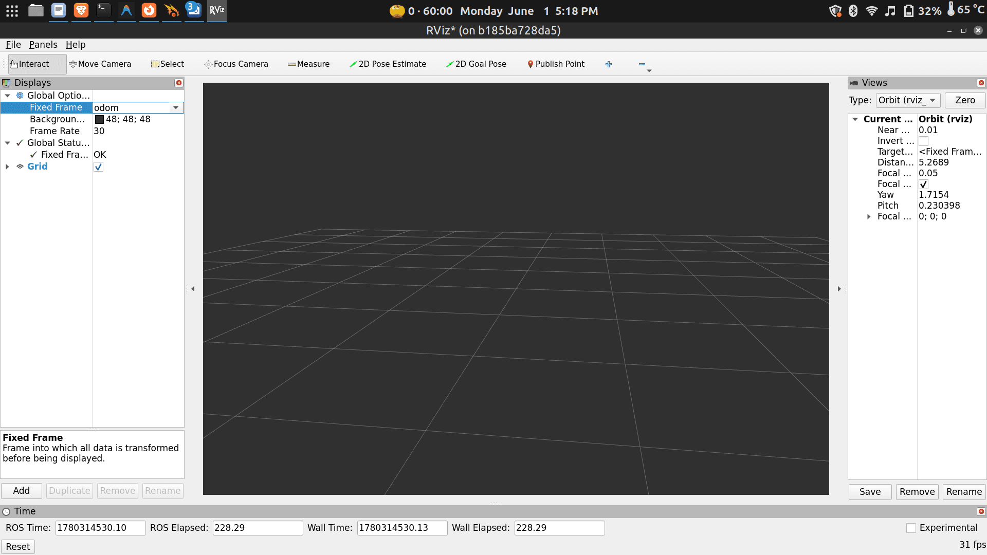 RViz2 Fixed Frame dropdown showing "map" being changed to "odom"