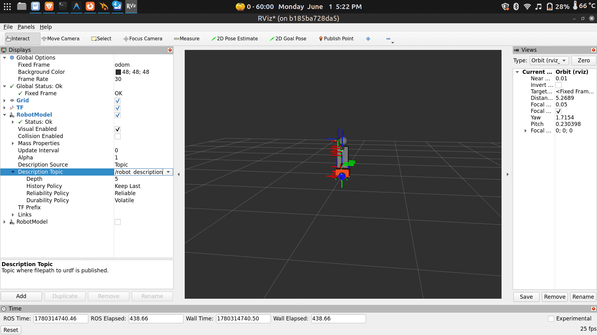 RViz2 RobotModel properties panel with Description Topic set to /robot_description