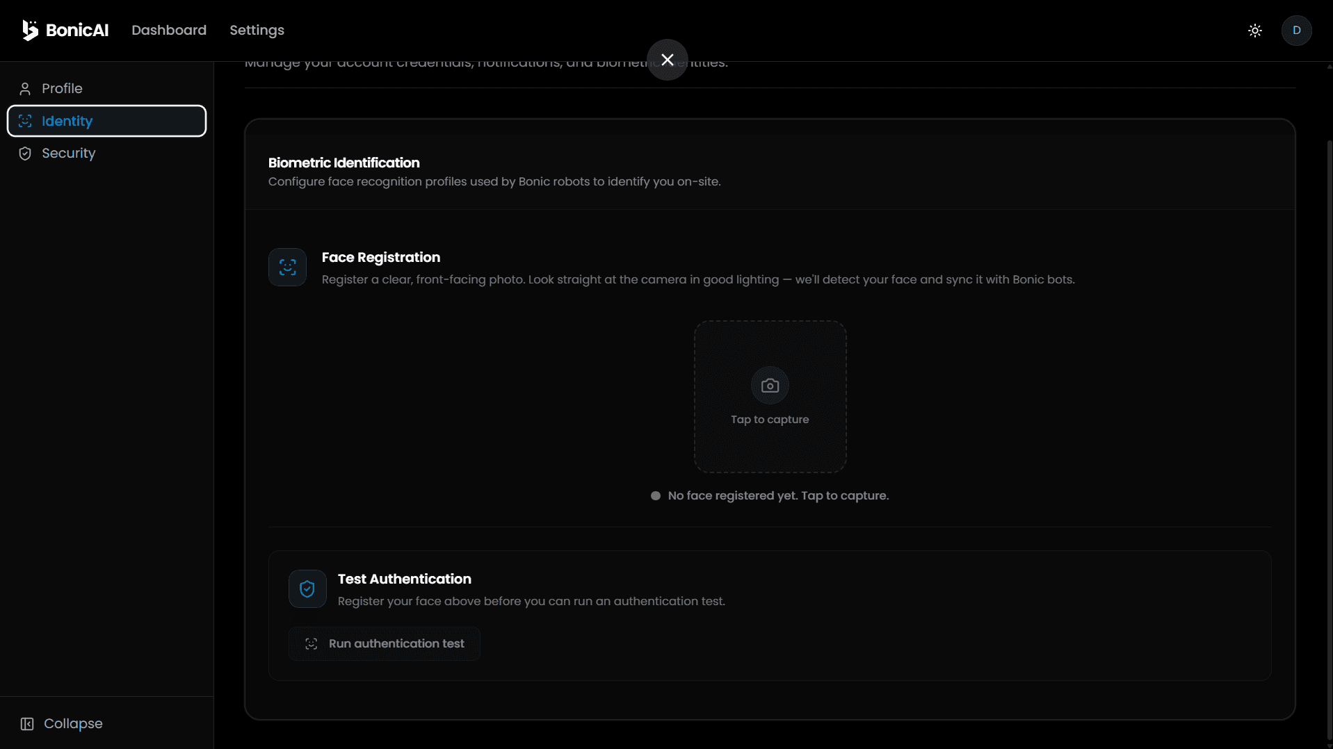 Biometric Identity Settings