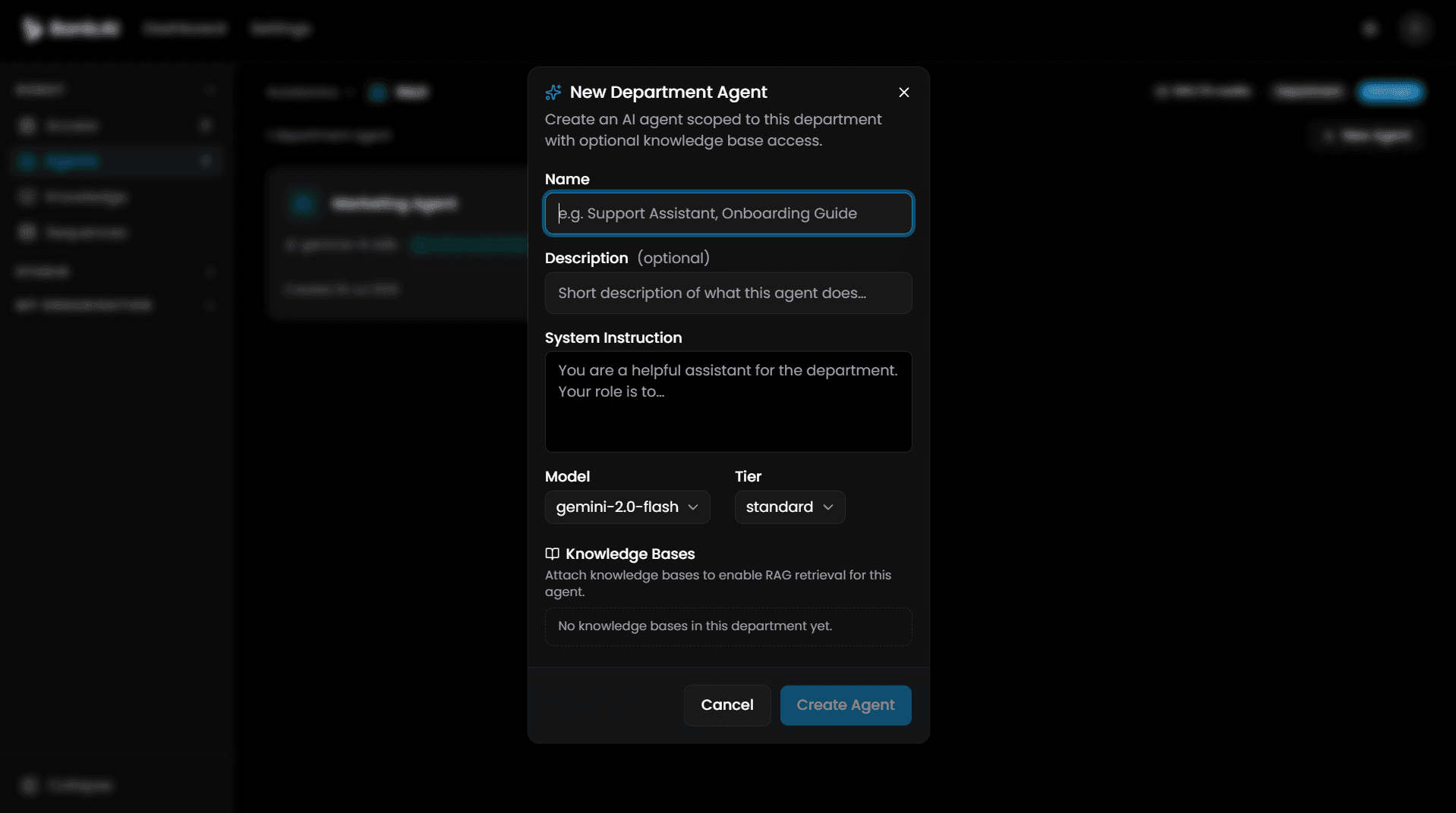 New Department Agent Dialog