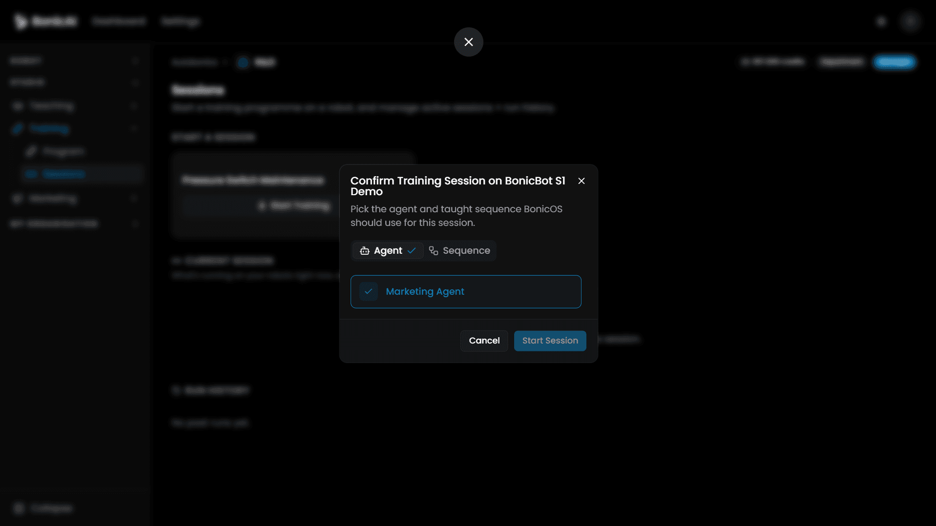 Confirm Training Session - Agent & Sequence Selection